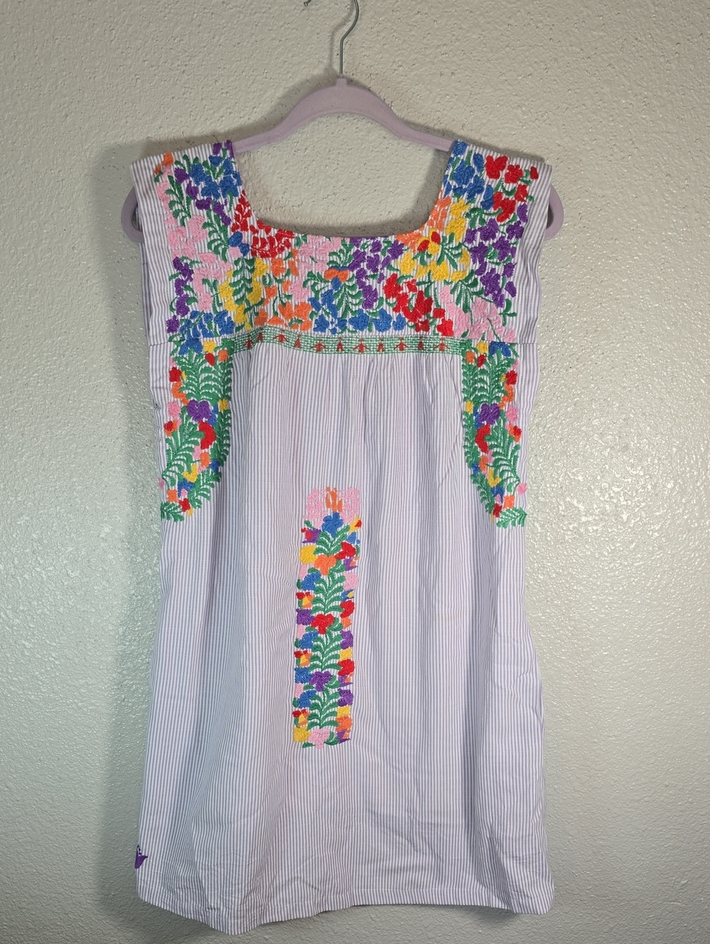 J.Marie Lavender Striped Dress with Colorful Floral Embroidery